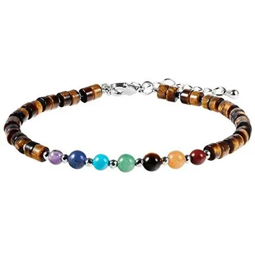 Produktbild: KYEYGWO Tigerauge 7 Chakren Stein Perlenarmband für Damen, Verstellbares Kristall Armband Flache Perlen Armbänder Yoga-Armband Edelstein Schmuck für Meditation Energietherapie