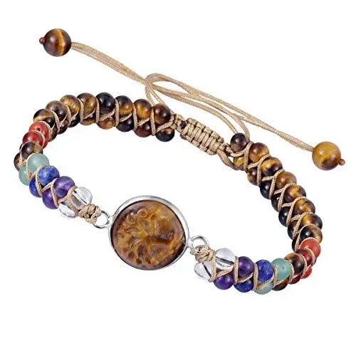 Produktbild: KYEYGWO Tigerauge Kristall Baum des Lebens Armband für Damen und Herren, Einstellbare Doppelt Geflochtenes Armbänder 7 Chakra Stein Perlenarmband Yoga-Armband Edelstein Schmuck