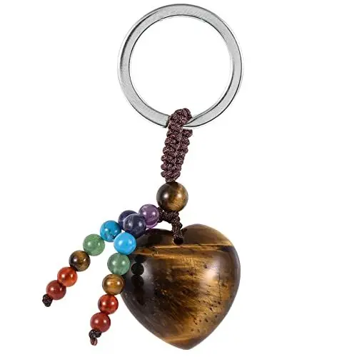Produktbild: KYEYGWO Tigerauge Kristall Herz Schlüsselanhänger für Unisex, 7 Chakra Stein Schlüsselring Deko Herzform Edelstein Taschenanhänger Leibe Anhänger für Schlüsselband Schlüsselbund Schlüsselkette
