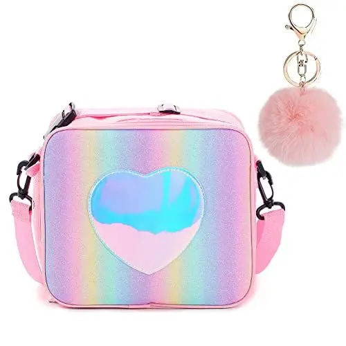 Produktbild: Kyhlten Regenbogen Lunchtasche Isoliert Pailletten Lunch Taschen für Kinder Mädchen, Thermo Lunchbox Tasche Rosa Picknicktasche für Studenten, Pink Kühltasche mit Abnehmbar Einstellbar Schulterriemen