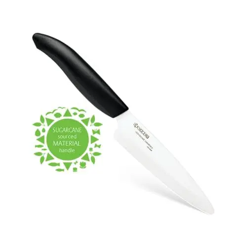 Produktbild: KYOCERA Keramikmesser, Allzweckmesser, Griff Biokunststoff aus Zuckerrohr, Klinge 11 cm, Klinge aus Zirkoniakeramik, handgeschliffen, extrem scharf, spülmaschinengeeignet, FK-110 WH-BK BIO Schwarz