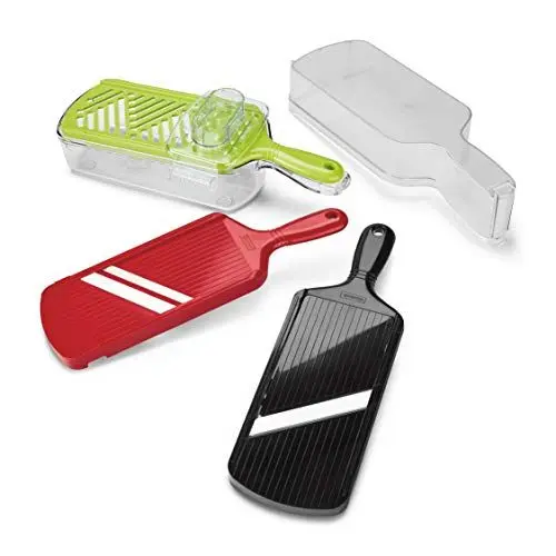 Produktbild: Kyocera Slice & Grate Keramik Hobel Set 6-teilig, 2 Hobel, 1 Reibe mit Auffangbox (600ml, Extra scharfe Keramik-Klingen, Gemüsehobel mit Fingerschutz, Kunststoffrahmen, Küchenreibe Hand
