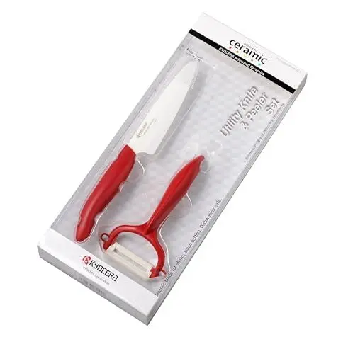 Produktbild: Kyocera GEN RED Starterset Keramik Obst- & Gemüsemesser mit Schäler | Klinge 11 cm | ergonomischer Griff | extrem scharfes Küchenmesser und Sparschäler | Kochmesser Profi Messer