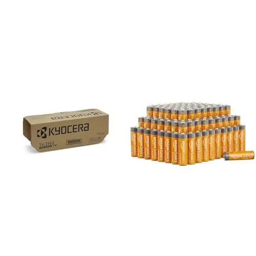 Produktbild: Kyocera TK-3160 Original Toner-Kartusche Schwarz 1T02T90NL1. Kompatibel für ECOSYS M3145dn & Amazon Basics AA-Alkalibatterien, leistungsstark, 1.5 V, 100er-Pack