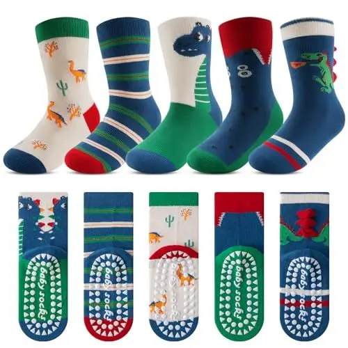Produktbild: Kyopp 5 Paar Stoppersocken Kinder Baumwolle Socken Jungen Mädchen ABS Anti Rutsch Socken Tiermotive 25-37EU（ABS-Dinosaurier L）