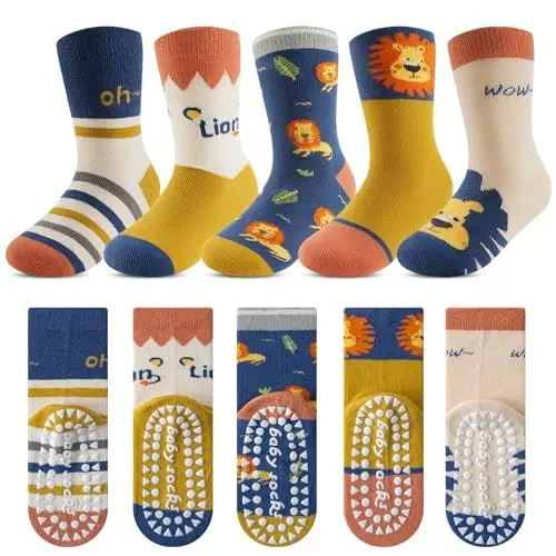 Produktbild: Kyopp 5 Paar Stoppersocken Kinder Baumwolle Socken Jungen Mädchen ABS Anti Rutsch Socken Tiermotive 25-37EU（ABS-Löwenjunge M）