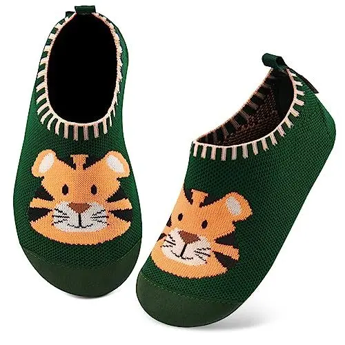 Produktbild: Kyopp Hausschuhe Kinder Junge Mädchen Pantoffeln Rutschfest Barfussschuhe Kindergarten Slippers für Atmungsaktive Weich Lauflernschuhe Kleinkinder Schuhe(Tiger-Grün 26/27EU)