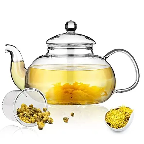 Produktbild: Kyraton 1000 ml Teekanne aus Glas mit herausnehmbarem Teesieb und Aufblüh und Loseblatt-Teezubereiter-Set, Herdplatten- und mikrowellenfester Teekessel.