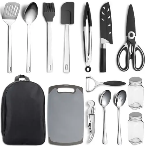 Produktbild: Kyraton Camping Kochgeschirr Set 15 Stück, Edelstähle Campingausrüstung, Ldeal Für Backpacking, Grillen, Camping und Wanderungen.