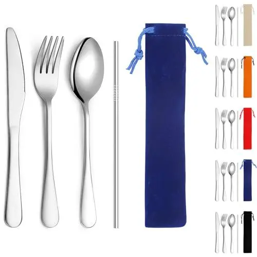 Produktbild: Kyraton Campingbesteck, inklusive Messer, Gabel, Löffel, Stroh, für Outdoor, Picknick, Camping, Reisen, spülmaschinenfest, Satz mit 4 Stücken