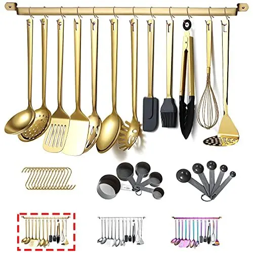 Produktbild: Kyraton Gold Küchenutensilien Set 37 teiliges, Edelstahl Küchenhelfer Set mit Titanvergoldung, Küchenwerkzeug Set mit Utensilienhalter, Kochlöffel Set Spülmaschinenfest
