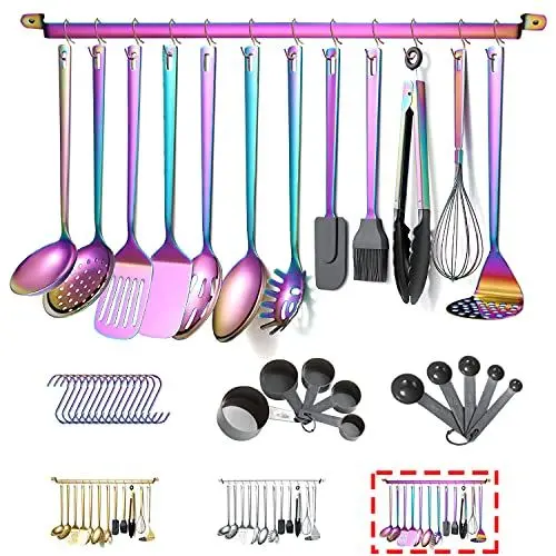 Produktbild: Kyraton Regenbogen Küchenutensilien Set 37 teiliges, Edelstahl Küchenhelfer Set mit Titanregenbogenüberzug, Küchenwerkzeug Set mit Utensilienhalter, Kochlöffel Set Spülmaschinenfest