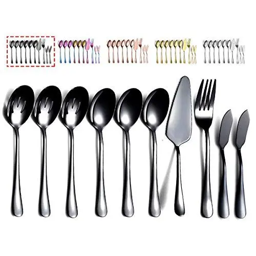 Produktbild: Kyraton Schwarze Besteck Servierset 10 Stück, Servierset bestehend aus 3 Servierlöffel, 3 geschlitzten Löffeln, 1 Serviergabel, 1 Tortenheber, 2 Buttermesserverteiler