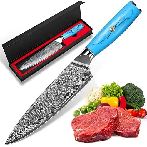 Produktbild: kyushublade Damast Kochmesser 19,5cm, Küchenmesser aus 67 Schichten Damaststahl Messer mit Blaues Harz Ergonomischer Griff für Haushalt,Restaurant (Küchenmesser)