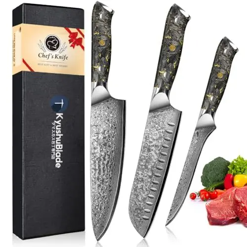 Produktbild: kyushublade Küchenmesser Set 3er Verbundstahl Chefmesser Set, Kochmesser Set Damaststahl, Profi Scharf Edelstahl Messerset Chefmesser Santokumesser Filetiermesser Ergonomischer Griff