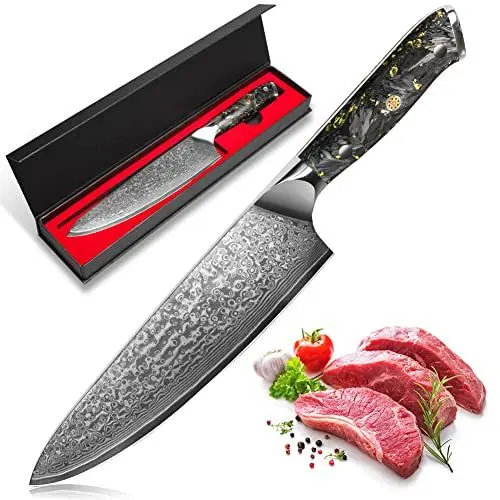 Produktbild: kyushublade Profi Kochmesser Damastmesser Küchenmesser, 67 Schichten Damaststahl Stahlmesser mit einzigartigem Karbonfaser & Blattgoldgriff