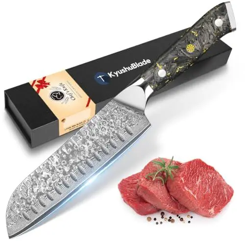 Produktbild: kyushublade Santoku Messer Damast Küchenmesser Einzigartiges Griff Kochmesser Profi Messer, 67 Schichten Damaststahl Stahlmesser mit mit einzigartigem Karbonfaser & Blattgoldgiff