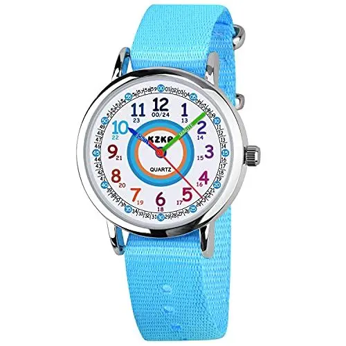Produktbild: KZKR Kinderuhr Jungen Armbanduhr Nylon Quarz Analog Einfach-Lesen Lernuhr Sportlich Blau Jungenuhr Geschenk Uhr (Hellblau)