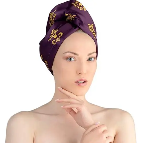 Produktbild: La Cocona Luxuriöser Haarturban aus Satin – Schnelltrocknendes Handtuch mit Knopf für Lange Haare – Baumwolle Turban Handtuch für Damen – Weiches und Elegantes Haarhandtuch Wrap Firenze