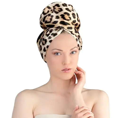 Produktbild: La Cocona Luxuriöser Haarturban aus Satin – Schnelltrocknendes Handtuch mit Knopf für Lange Haare – Baumwolle Turban Handtuch für Damen – Weiches und Elegantes Haarhandtuch Wrap Leopard