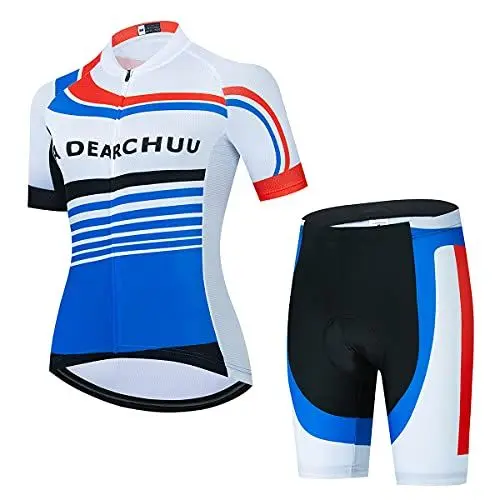 Produktbild: La Dearchuu Damen Radtrikot Set, Kurzarm Fahrradtrikot mit 3+1 Gesäßtaschen und 3D Gepolsterte Radhose Set Atmungsaktiv Schnell Trocknend für Radfahren MTB Jogging
