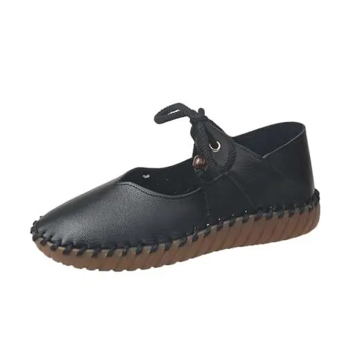 Produktbild: Schwarze Tennisschuhe 2024 Fallen Flache Damenschuhe groÃŸe Flache Sandale runder Kopf Einzelschuh zum Schnüren handgenähte atmungsaktive Schuhe mit weichen Sohlen S-45 Black 5.5