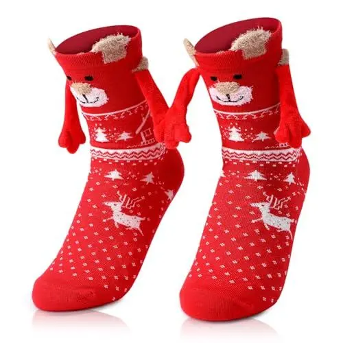 Produktbild: laamei 1 Paar Lustige Weihnachtssocken mit Magnetarmen Hand in Hand Socken Weihnachten Geschenke für Frauen Männer Freunde Familie Partner 37-44(Rot)