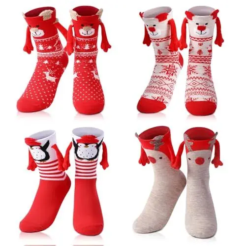 Produktbild: laamei 4 Paar Lustige Weihnachtssocken mit Magnetarmen Hand in Hand Socken Weihnachten Geschenke für Frauen Männer Freunde Familie Partner 37-44(Beige/Rot/Pinguin/Khaki)