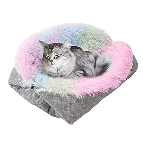 Produktbild: laamei Katzenbett Plüsch 2 in 1 Katzenhöhle Katzendecke Flauschige Katzenbett Katzensofa Faltbar Haustierbett Schlafen Bett für Katzen und Welpen (61x51cm, Mehrfarbig)