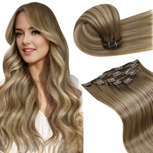 Produktbild: LaaVoo Clip in Extensions Echthaar Ombre Braun Echthaar Clip in Extensions Balayage Goldene Blondin Haarverlängerung Menschenhaar Kurz 30cm #8/16/8 5PCS 80g