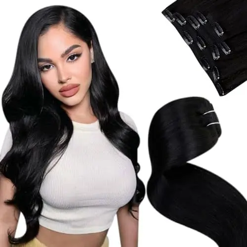 Produktbild: LaaVoo Clip in Extensions Echthaar Schwarz Invisible Clip in Haarverlängerung Echthaar Human Hair 35cm Echthaar Extensions Clip in Remy Haar Schwarz 5Stück 70g #1