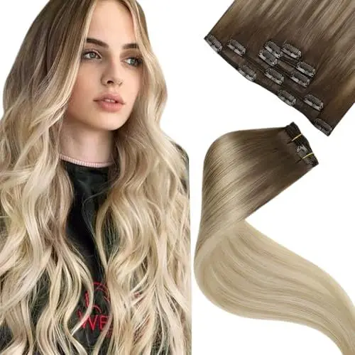 Produktbild: LaaVoo Echthaar Extensions Clip in Balayage Blond Extensions Echthaar Clip Hellbraun Ombre Platinblond Clip in Haarverlängerung Echthaar Doppelt Tressen 70Gramm/5Stück 45cm #8/18/60