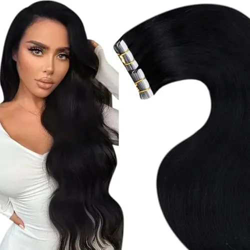 Produktbild: LaaVoo Tape Extensions Echthaar 60cm Echthaar Extensions Tape Schwarz #1 Extensions Echthaar Tapes Invisible 50G 20Stücke Haarverlängerung Echthaar Tape Seamless #1 Schwarz