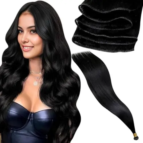Produktbild: LaaVoo Virgin Tressen Echthaar Extension Schwarz Extension Echthaar Tressen Menschenhaar Haar Extensions Echthaar Tressen Zum Einnähen Injection 50cm 25g #1