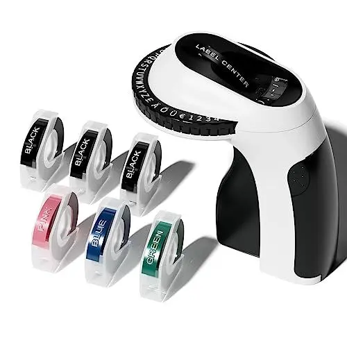 Produktbild: LabelCenter Beschriftungsgerät Prägegerät, Etikettenprägegerät prägegerät E975,Handgerät Omega Etikettiergerät mit 6 Rollen 9 mm x 3 m Prägebändern, E975 3D-Hand beschriftungsgerät Prägestempel