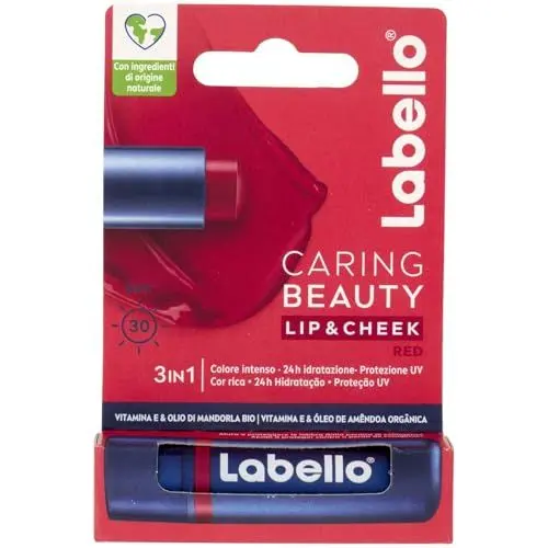 Produktbild: Labello Caring Beauty Lip & Cheek Red 4.8g Lippen- und Wangen-Lippenbalsam mit einer roten Note, getönter Lippenbalsam und Blush Stick 2 in 1, feuchtigkeitsspendender Lip Balm mit LSF 30 Schutz