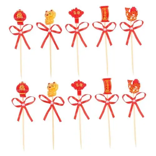 Produktbild: LABRIMP 2 Theme-plugin Dekorative Einsteckkarten Chinesisches Geschenk Dessert-picks Für Das Neue Jahr Neujahr Dessert-requisite Cupcake-topper Partybedarf Rot Harz Kuchen