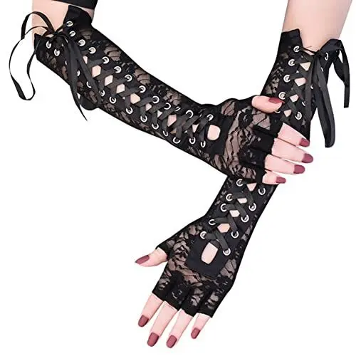 Produktbild: Lace Up Fingerlose Handschuhe Punk Goth Lady Disco Tanzkostüm Spitze Fingerlose Handschuhe Lange Spitze Handschuhe Sexy Schwarz Abend Party Punk Handschuhe für Halloween Weihnachten Party Cosplay
