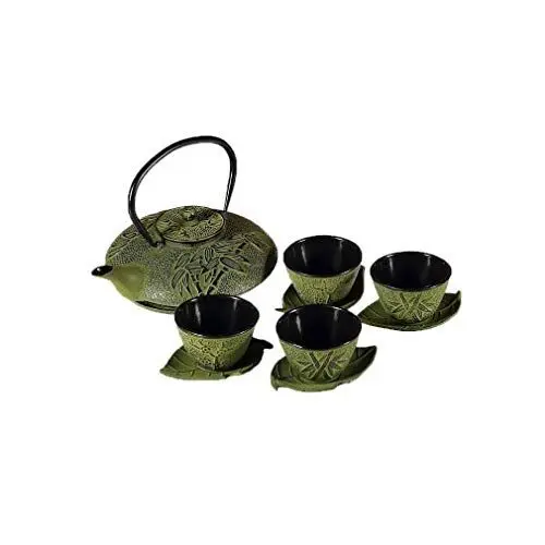 Produktbild: lachineuse 2549 Gusseisen Deko – 1 Teekanne, 4 Gusseisentassen & Teesieb – Kapazität 0,8 L Asiatische Dekoration – Japanisches Geschirr-Geschenkidee – Farbe, Grüner Bambus