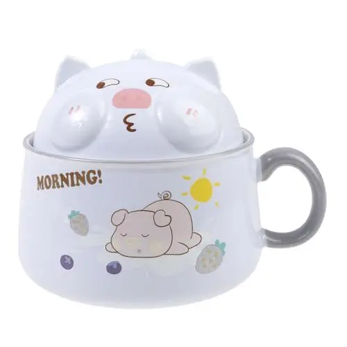 Produktbild: lachineuse - Asiatische Ramenschale – Porzellan – Motiv Schwein grau – 1020 ml – mit Deckel & Besteck – Frühstücksschale, Suppe, Reis, Nudeln mit Sofortfunktion – asiatische Geschenkidee Japan China