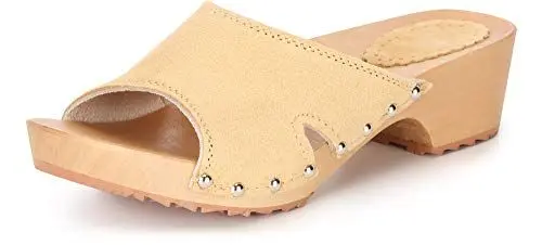 Produktbild: Ladeheid Damen Holzschuhe Leder Clogs Holz Sohle Holzclogs LAFA084 (Beige, 35 EU)