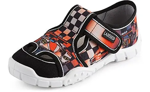 Produktbild: Ladeheid Jungen Hausschuhe mit Klettverschluss und Einlegesohlen LAVI0006 (Schwarz/Auto, 26 EU)