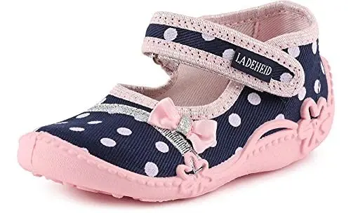 Produktbild: Ladeheid Mädchen Hausschuhe mit Klettverschluss und Einlegesohlen LAVI0001 (Marine/Punkte, 19 EU)