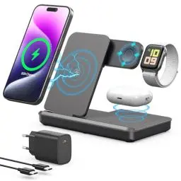 Produktbild: Induktive Ladestation für Apple Watch und iPhone, Kabelloses Ladegerät 3 in 1 Wireless Charger Kompatibel mit iPhone 16 15 14 13 12 MagSafe Gerät, Apple Watch Serie, AirP0ds Pro 3 2 (Schwarz)