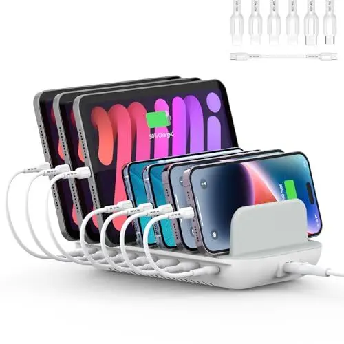 Produktbild: Ladestation für mehrere Geräte, 70W Ladestation mit 7 Anschlüssen und 30W PD Anschluss für Mobiltelefone, Tablets, Laptops und mehr, 7 gemischte Kabel im Lieferumfang enthalten (weiß)