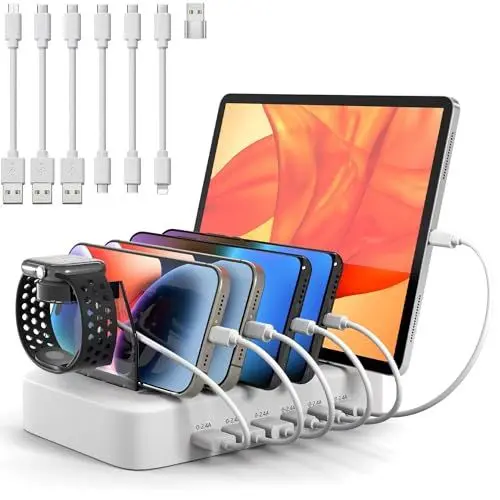 Produktbild: Ladestation für mehrere Geräte Schnelles PD 90W 6-Port Ladegerät mit 3X PD 20W USB C Ladeanschluss, weiß