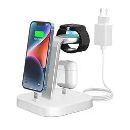 Produktbild: Ladestation für mehrere Geräte – ADADPU 3 in 1 Kabelloser Ladeständer für Apple Watch Serie 9/8/7/6/5/4/3/2/SE Handy-Ladestation für AirPods iPhone 14/13/12/11 Pro X Max XS XR 8 7 Plus-Weiß