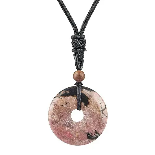 Produktbild: Ladeukoi natürliche Rhodonite runde Stein Donut Halskette für Frauen Männer, handgemachte Heilung Kristall Glück Anhänger Halsketten justierbare 18-29 Zoll