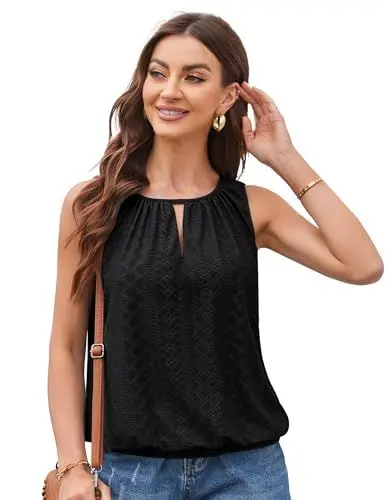 Produktbild: Damen Hohles Elastischer Saum T-Shirt Elegant Business Geschäft OL Bluse Sommer Fashion Rundhals Ärmelloses Oberteil mit Gummiband Schwarz XL