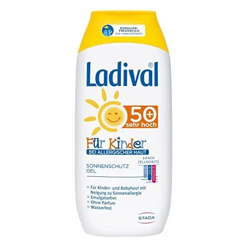 Produktbild: Ladival Kinder bei Allergischer Haut Sonnenschutz Gel LSF 50+ – geeignet bei Sonnenallergie – Parfümfrei, ohne Farb- und Konservierungsstoffe – wasserfest – 1 x 200 ml